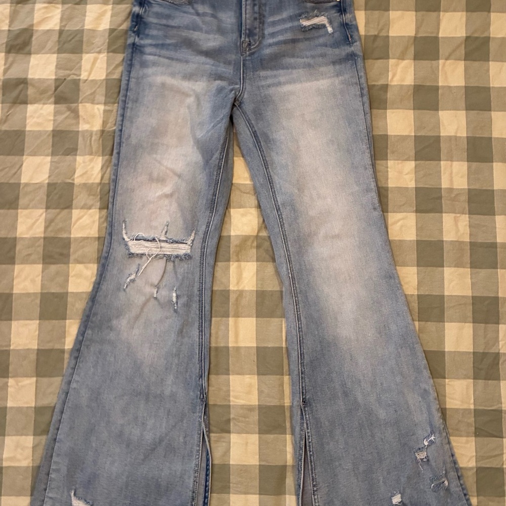 Risen Los Angeles Distressed Flare Split Raw Hem Light Blue Stretch Jeans 9 29